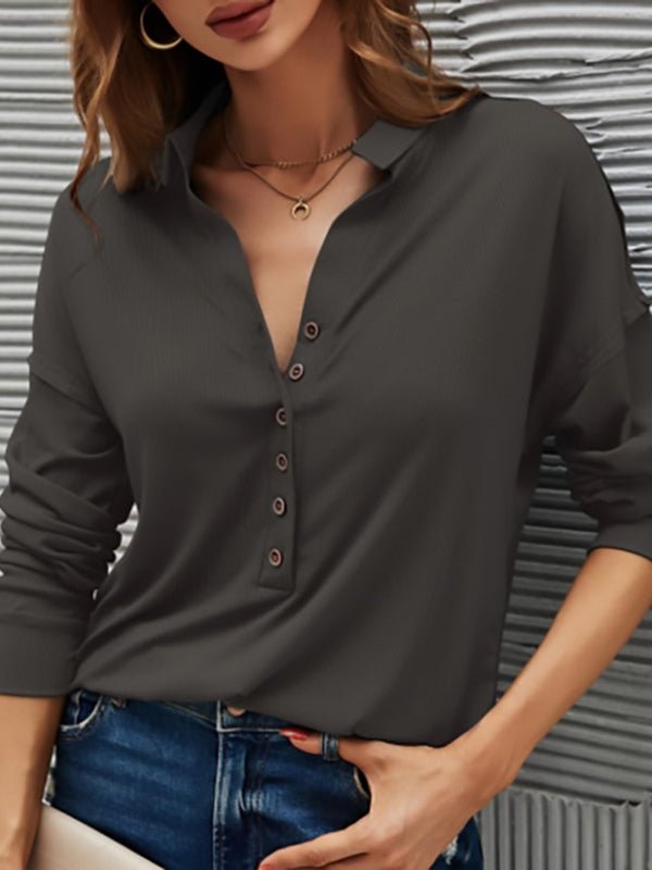 Women's T-Shirts Solid Color V Neck Long Sleeve Button T-Shirt - T-Shirts - Instastyled | Online Fashion Free Shipping Clothing, Dresses, Tops, Shoes - 20-30 - 30/12/2022 - color-black