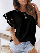 Women's T-Shirts Solid Crew Neck Lace Flare Sleeve T-Shirt - T-Shirts - Instastyled | Online Fashion Free Shipping Clothing, Dresses, Tops, Shoes - 09/02/2022 - 20-30 - color-black