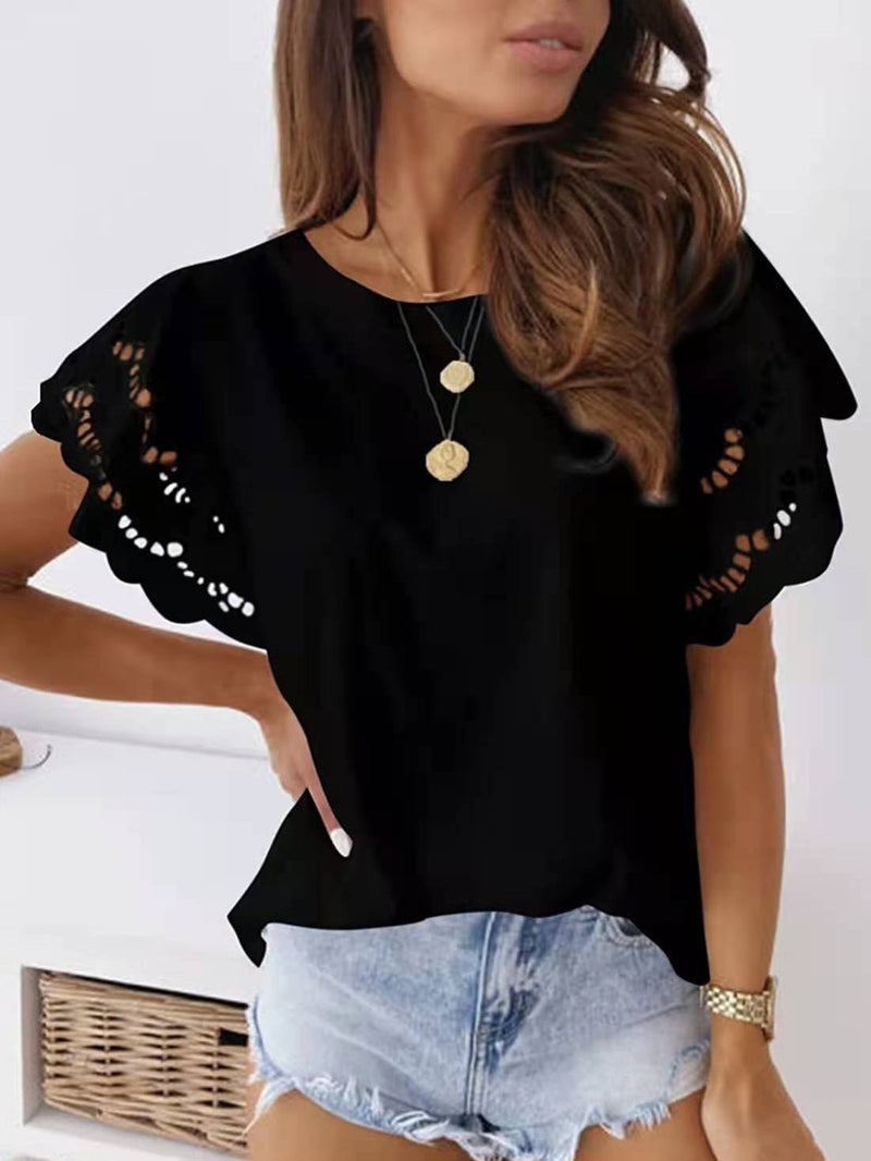 Women's T-Shirts Solid Crew Neck Lace Flare Sleeve T-Shirt - T-Shirts - Instastyled | Online Fashion Free Shipping Clothing, Dresses, Tops, Shoes - 09/02/2022 - 20-30 - color-black