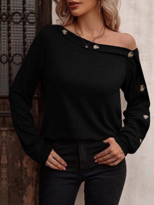 Women's T-Shirts Solid Diagonal Neck Button Long Sleeve T-Shirts - T-Shirts - Instastyled | Online Fashion Free Shipping Clothing, Dresses, Tops, Shoes - 20-30 - 24/09/2022 - color-black