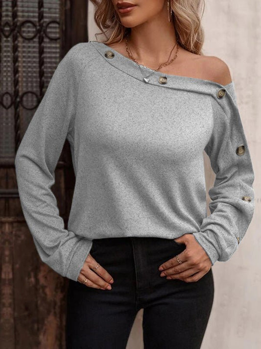Women's T-Shirts Solid Diagonal Neck Button Long Sleeve T-Shirts - T-Shirts - Instastyled | Online Fashion Free Shipping Clothing, Dresses, Tops, Shoes - 20-30 - 24/09/2022 - color-black