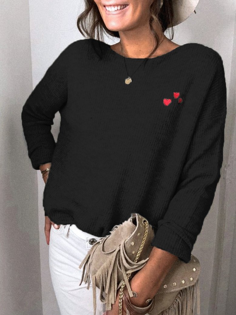Women's T-Shirts Solid Embroidery Love Round Neck Long Sleeves T-Shirt - T-Shirts - INS | Online Fashion Free Shipping Clothing, Dresses, Tops, Shoes - 20-30 - 28/09/2021 - color-black