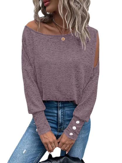 T-Shirts - Solid Off Shoulder Long Sleeves Buttoned Cuff T-Shirt - MsDressly