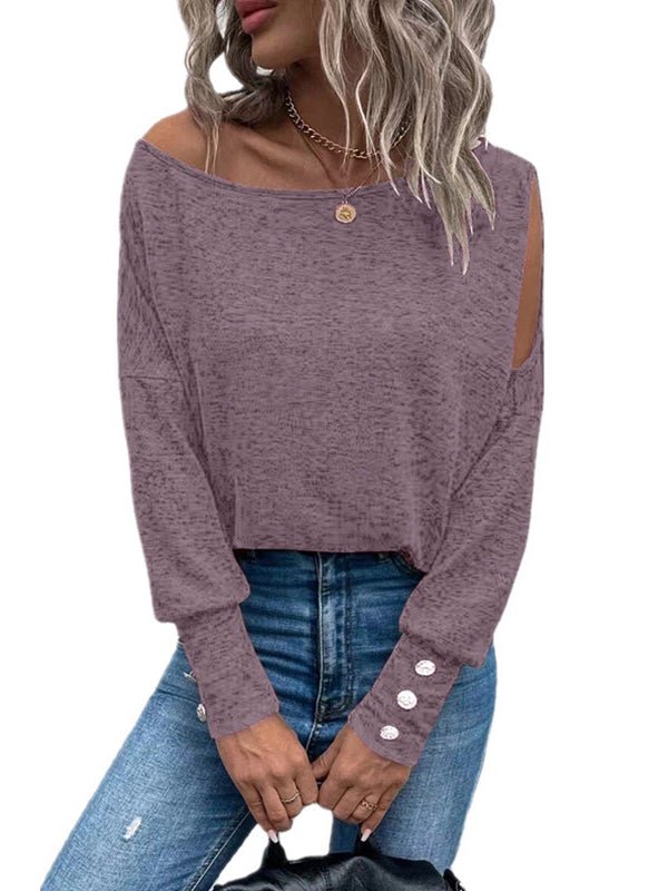 Women's T-Shirts Solid Off Shoulder Long Sleeves Buttoned Cuff T-Shirt - T-Shirts - Instastyled | Online Fashion Free Shipping Clothing, Dresses, Tops, Shoes - 16/12/2022 - Color_Black - Color_Burgundy