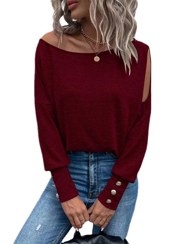 Women's T-Shirts Solid Off Shoulder Long Sleeves Buttoned Cuff T-Shirt - T-Shirts - Instastyled | Online Fashion Free Shipping Clothing, Dresses, Tops, Shoes - 16/12/2022 - Color_Black - Color_Burgundy