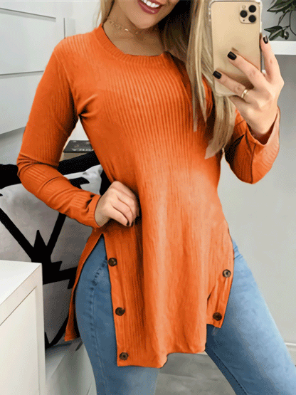 Women's T-Shirts Solid Round Neck Slit Button Long Sleeve T-Shirt - T-Shirts - INS | Online Fashion Free Shipping Clothing, Dresses, Tops, Shoes - 10-20 - 21/10/2021 - color-black