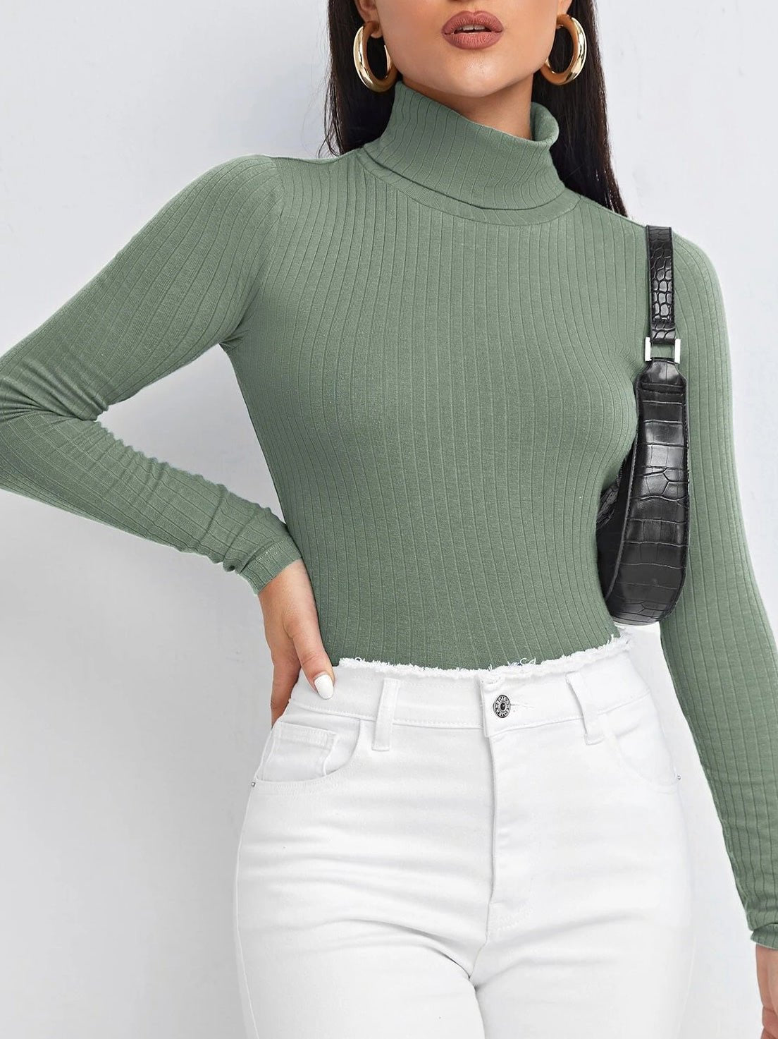 Women's T-Shirts Solid Turtleneck Long Sleeve T-Shirt - MsDressly