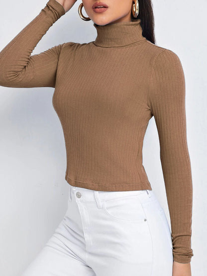 Women's T-Shirts Solid Turtleneck Long Sleeve T-Shirt - MsDressly