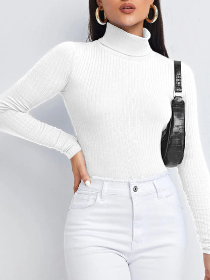 Women's T-Shirts Solid Turtleneck Long Sleeve T-Shirt - MsDressly