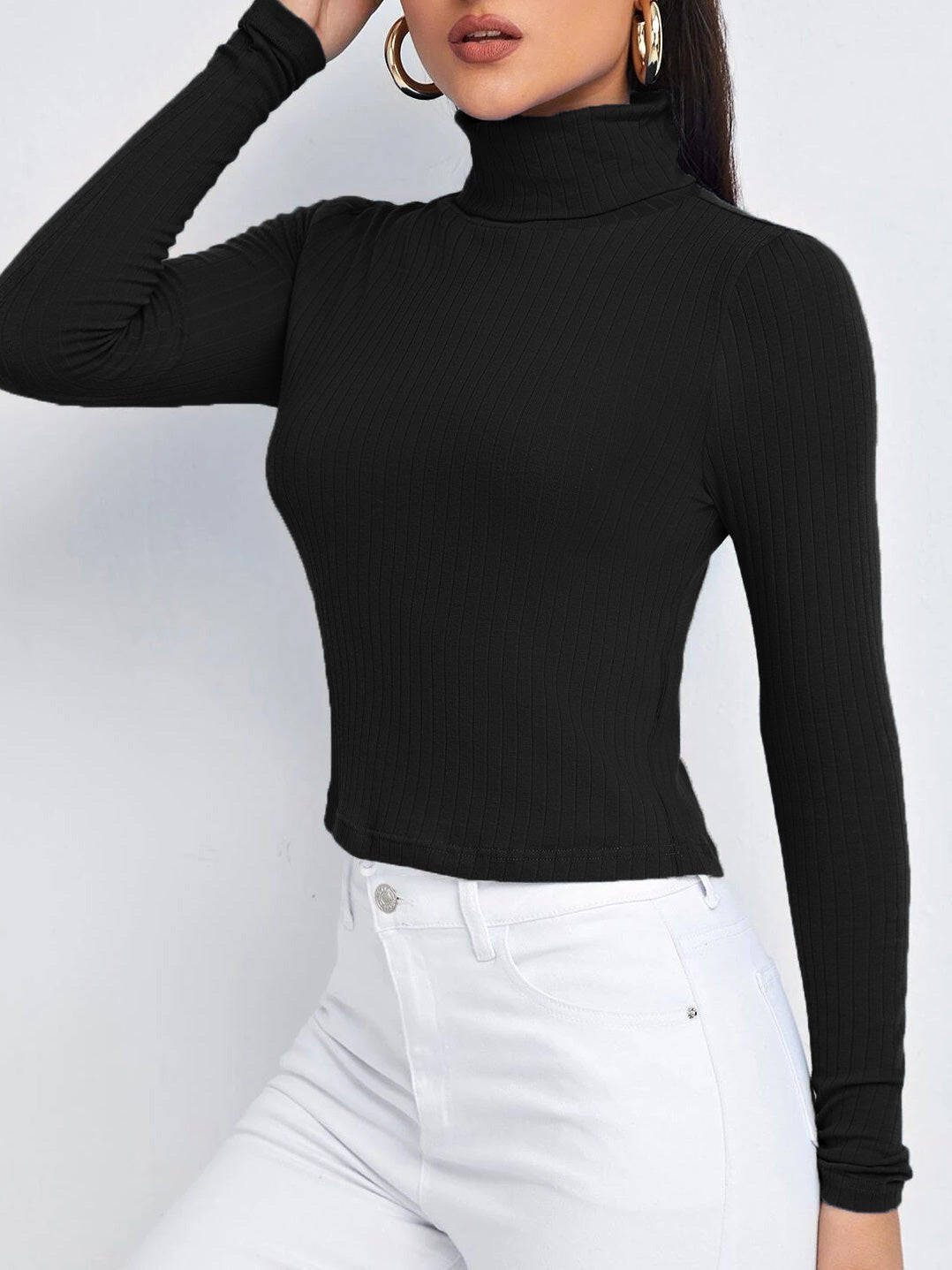 Women's T-Shirts Solid Turtleneck Long Sleeve T-Shirt - MsDressly