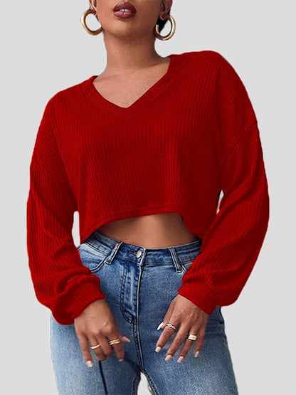 Women's T-Shirts Solid V-Neck Crop Long Sleeve Knit T-Shirt - T-Shirts - Instastyled | Online Fashion Free Shipping Clothing, Dresses, Tops, Shoes - 01/09/2022 - 20-30 - color-black