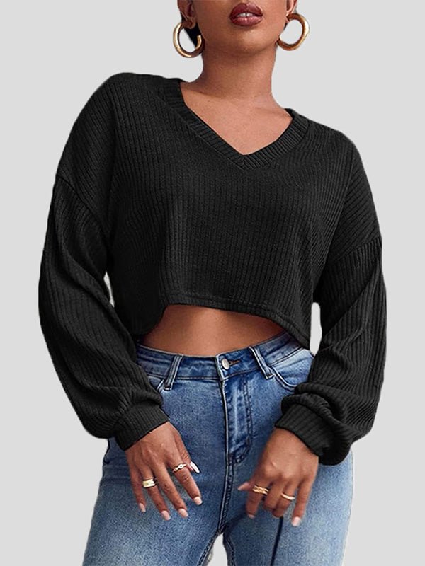 Women's T-Shirts Solid V-Neck Crop Long Sleeve Knit T-Shirt - T-Shirts - Instastyled | Online Fashion Free Shipping Clothing, Dresses, Tops, Shoes - 01/09/2022 - 20-30 - color-black