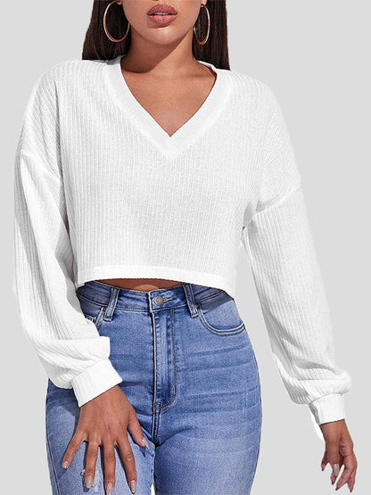 Women's T-Shirts Solid V-Neck Crop Long Sleeve Knit T-Shirt - T-Shirts - Instastyled | Online Fashion Free Shipping Clothing, Dresses, Tops, Shoes - 01/09/2022 - 20-30 - color-black