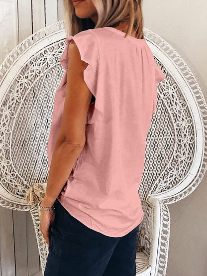 Women's T-Shirts Solid V-Neck Ruffle Short Sleeve T-Shirt - T-Shirts - Instastyled | Online Fashion Free Shipping Clothing, Dresses, Tops, Shoes - 13/01/2022 - 20-30 - color-blue