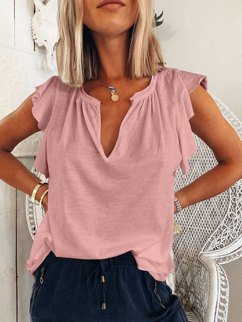 Women's T-Shirts Solid V-Neck Ruffle Short Sleeve T-Shirt - T-Shirts - Instastyled | Online Fashion Free Shipping Clothing, Dresses, Tops, Shoes - 13/01/2022 - 20-30 - color-blue