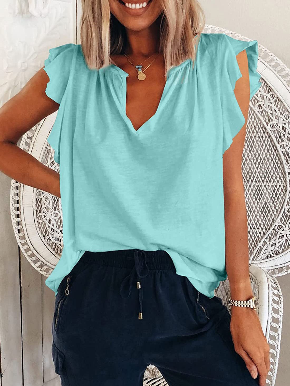 Women's T-Shirts Solid V-Neck Ruffle Short Sleeve T-Shirt - T-Shirts - Instastyled | Online Fashion Free Shipping Clothing, Dresses, Tops, Shoes - 13/01/2022 - 20-30 - color-blue