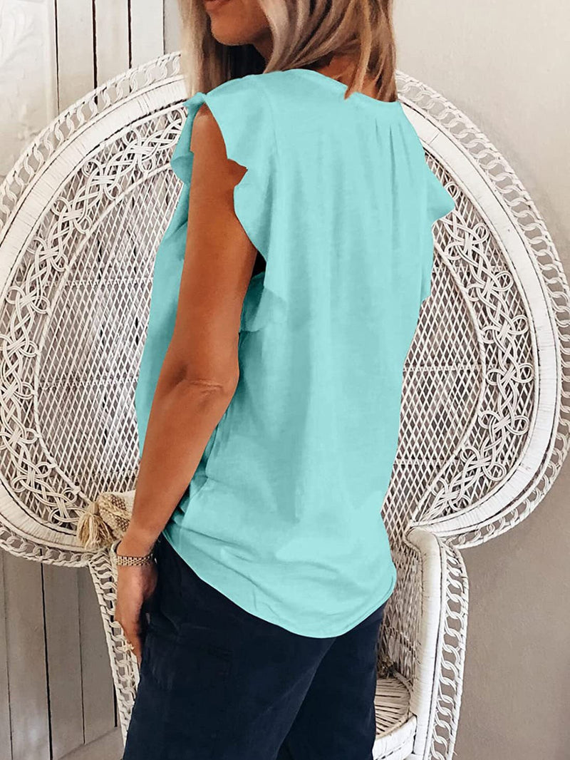 Women's T-Shirts Solid V-Neck Ruffle Short Sleeve T-Shirt - T-Shirts - Instastyled | Online Fashion Free Shipping Clothing, Dresses, Tops, Shoes - 13/01/2022 - 20-30 - color-blue