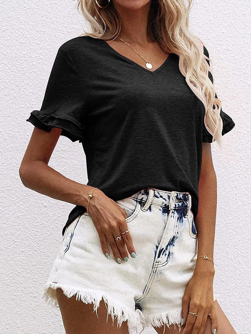 Women's T-Shirts Solid V-Neck Short Sleeve T-Shirt - T-Shirts - Instastyled | Online Fashion Free Shipping Clothing, Dresses, Tops, Shoes - 13/01/2022 - 20-30 - color-black