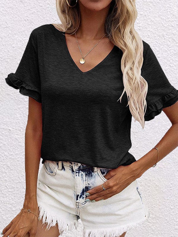 Women's T-Shirts Solid V-Neck Short Sleeve T-Shirt - T-Shirts - Instastyled | Online Fashion Free Shipping Clothing, Dresses, Tops, Shoes - 13/01/2022 - 20-30 - color-black