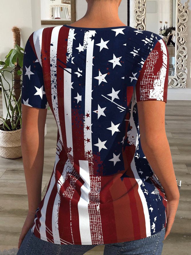 Women's T-Shirts Star Stripe Print Button Short Sleeve T-Shirt - T-Shirts - Instastyled | Online Fashion Free Shipping Clothing, Dresses, Tops, Shoes - 17/06/2022 - Color_Black - Color_Blue