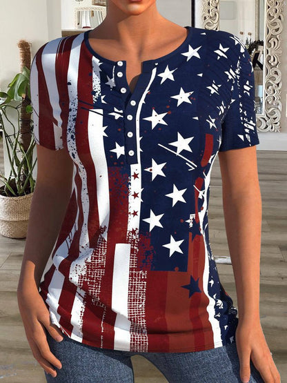 Women's T-Shirts Star Stripe Print Button Short Sleeve T-Shirt - T-Shirts - Instastyled | Online Fashion Free Shipping Clothing, Dresses, Tops, Shoes - 17/06/2022 - Color_Black - Color_Blue