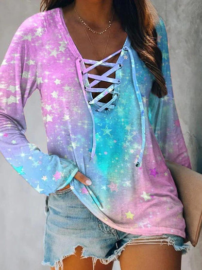 Women's T-Shirts Star Tie-Dye Print Tie Long Sleeve T-Shirt - T-Shirts - INS | Online Fashion Free Shipping Clothing, Dresses, Tops, Shoes - 13/10/2021 - 20-30 - color-pink