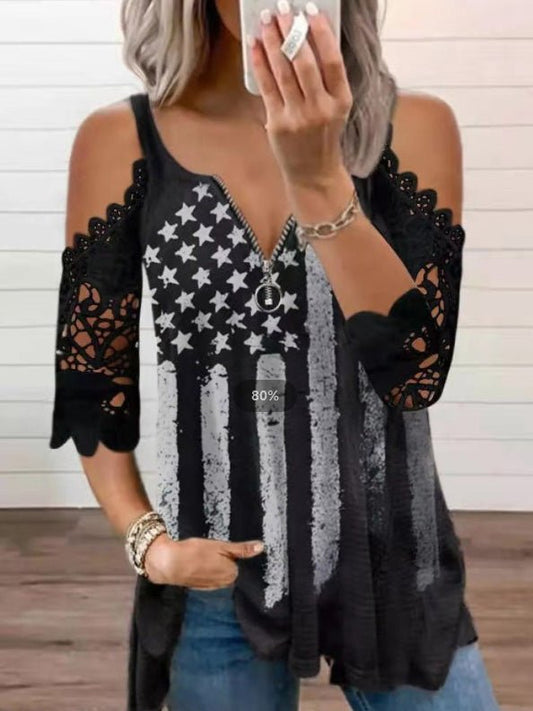 Women's T-Shirts Stars Stripe Print Zip Lace Off Shoulder T-Shirt - T-Shirts - Instastyled | Online Fashion Free Shipping Clothing, Dresses, Tops, Shoes - 14/03/2022 - 20-30 - color-black
