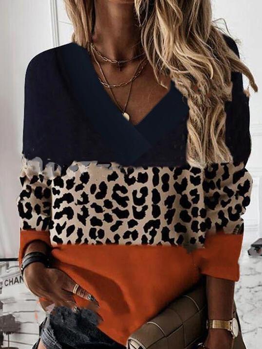 Women's T-Shirts Stitched Leopard V-Neck Long Sleeves T-Shirt - T-Shirts - INS | Online Fashion Free Shipping Clothing, Dresses, Tops, Shoes - 20-30 - 30/09/2021 - color-black