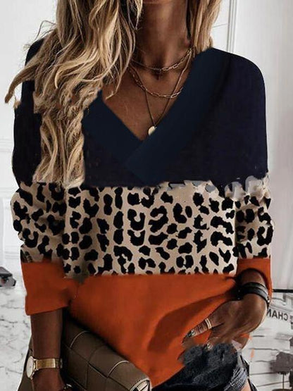 Women's T-Shirts Stitched Leopard V-Neck Long Sleeves T-Shirt - T-Shirts - INS | Online Fashion Free Shipping Clothing, Dresses, Tops, Shoes - 20-30 - 30/09/2021 - color-black