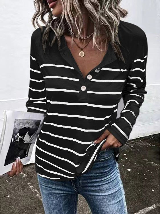 Women's T-Shirts Striped Button Long Sleeve T-Shirt - T-Shirts - Instastyled | Online Fashion Free Shipping Clothing, Dresses, Tops, Shoes - 08/09/2022 - Color_Black - Color_Blue