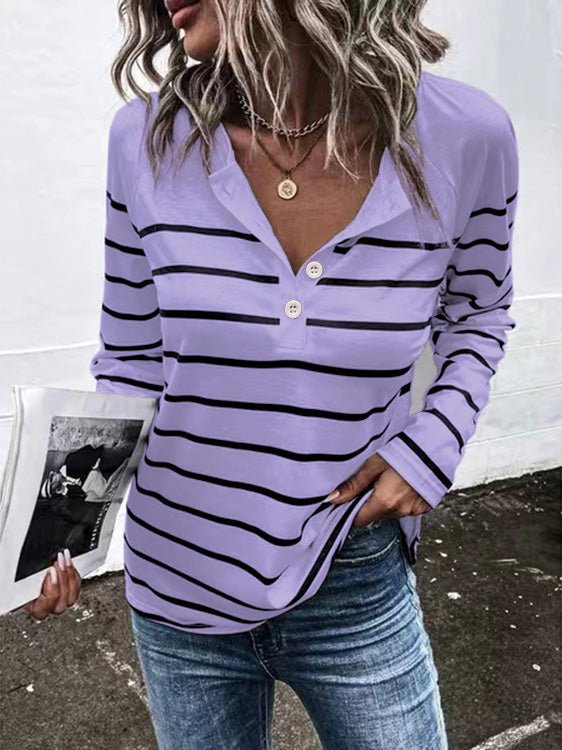 Women's T-Shirts Striped Button Long Sleeve T-Shirt - T-Shirts - Instastyled | Online Fashion Free Shipping Clothing, Dresses, Tops, Shoes - 08/09/2022 - Color_Black - Color_Blue