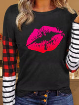 Women's T-Shirts Striped Check Lip Print Long Sleeve T-Shirt - T-Shirts - Instastyled | Online Fashion Free Shipping Clothing, Dresses, Tops, Shoes - 20-30 - 22/12/2021 - color-black