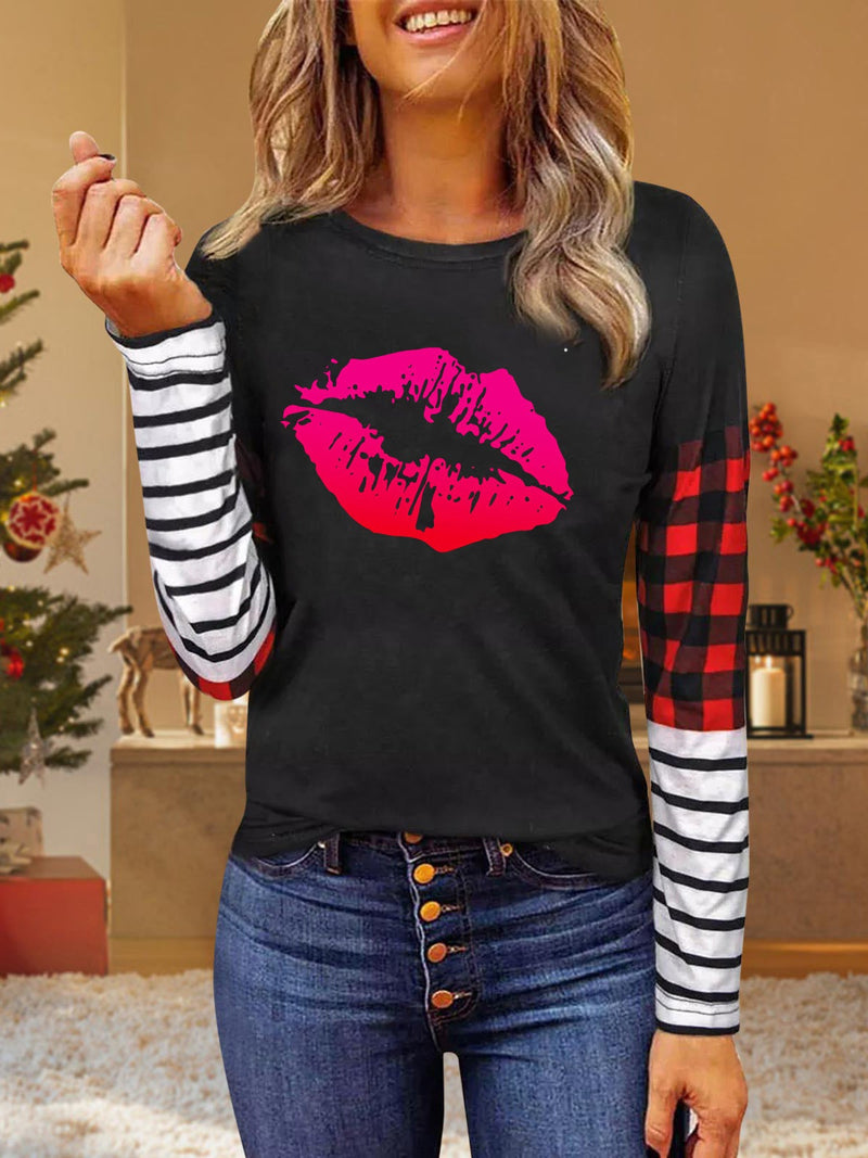Women's T-Shirts Striped Check Lip Print Long Sleeve T-Shirt - T-Shirts - Instastyled | Online Fashion Free Shipping Clothing, Dresses, Tops, Shoes - 20-30 - 22/12/2021 - color-black