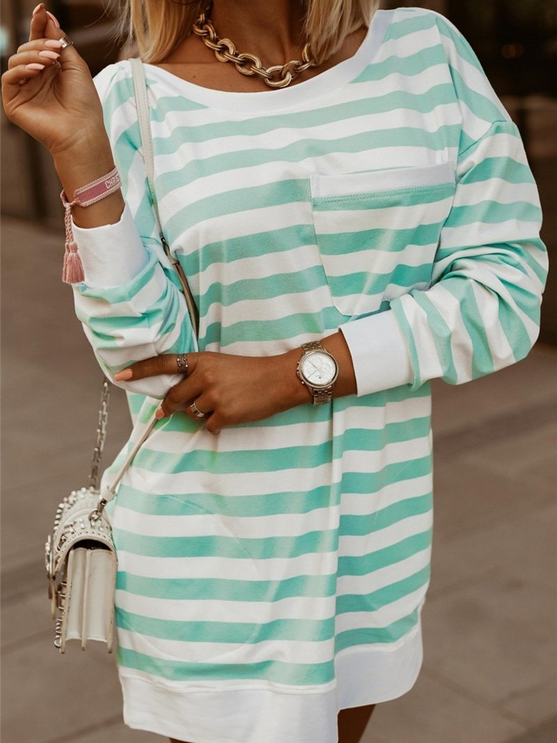 Women's T-Shirts Striped Pocket Round Neck Long Sleeve T-Shirt - T-Shirts - INS | Online Fashion Free Shipping Clothing, Dresses, Tops, Shoes - 20-30 - 23/09/2021 - color-green