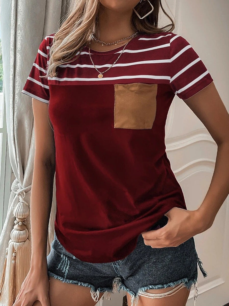 Women's T-Shirts Striped Pocket Round Neck Short Sleeve T-Shirt - T-Shirts - Instastyled | Online Fashion Free Shipping Clothing, Dresses, Tops, Shoes - 07/01/2022 - 20-30 - color-dark_green