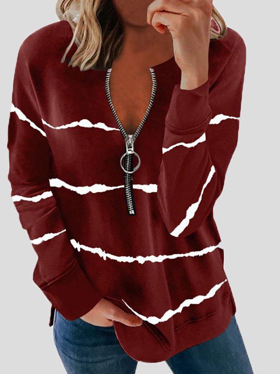 Women's T-Shirts Striped Zipper V-Neck Long Sleeve Loose T-Shirt - T-Shirts - INS | Online Fashion Free Shipping Clothing, Dresses, Tops, Shoes - 10-20 - 10/08/2021 - Category_T-Shirts