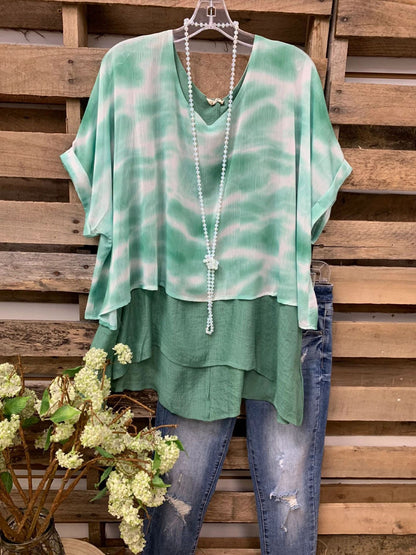 Women's T-Shirts Tie-Dye Multilayer Short Sleeve Chiffon T-Shirt - T-Shirts - Instastyled | Online Fashion Free Shipping Clothing, Dresses, Tops, Shoes - 15/06/2022 - Color_Blue - Color_Green