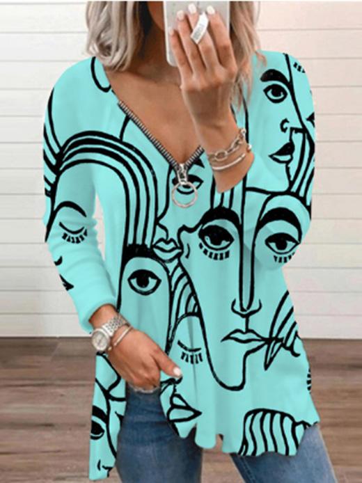 Women's T-Shirts V-Neck Abstract Art Print Long Sleeve T-Shirt - T-Shirts - INS | Online Fashion Free Shipping Clothing, Dresses, Tops, Shoes - 01/09/2021 - 20-30 - Category_T-Shirts