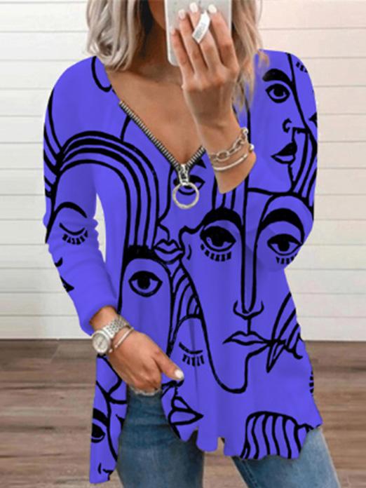 Women's T-Shirts V-Neck Abstract Art Print Long Sleeve T-Shirt - T-Shirts - INS | Online Fashion Free Shipping Clothing, Dresses, Tops, Shoes - 01/09/2021 - 20-30 - Category_T-Shirts