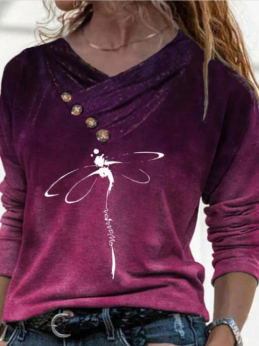 Women's T-Shirts V-Neck Button Dragonfly Print Long Sleeve T-Shirt - T-Shirts - INS | Online Fashion Free Shipping Clothing, Dresses, Tops, Shoes - 17/11/2021 - 20-30 - color-fuchsia