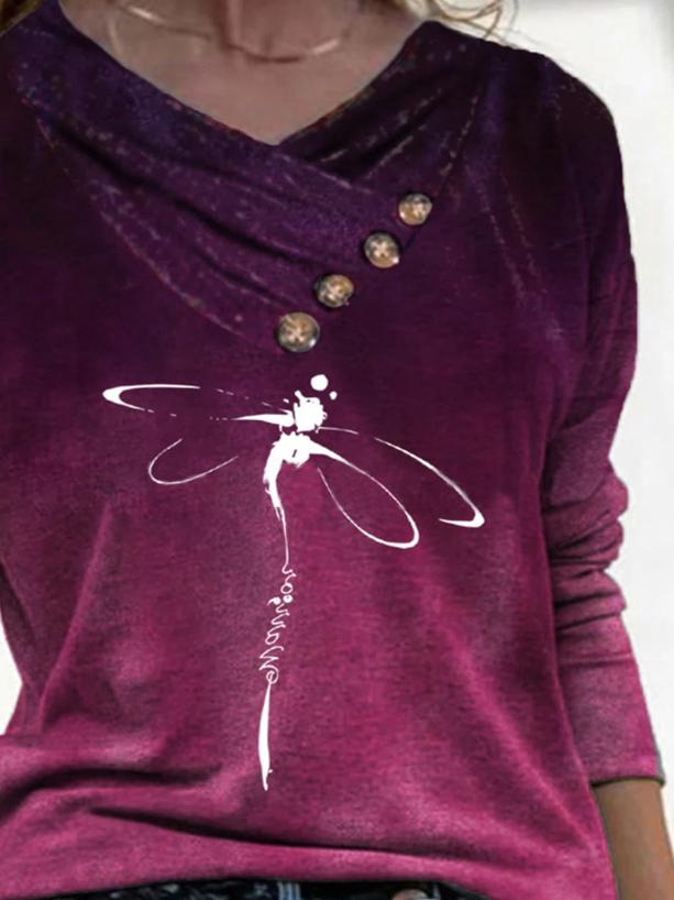 Women's T-Shirts V-Neck Button Dragonfly Print Long Sleeve T-Shirt - T-Shirts - INS | Online Fashion Free Shipping Clothing, Dresses, Tops, Shoes - 17/11/2021 - 20-30 - color-fuchsia