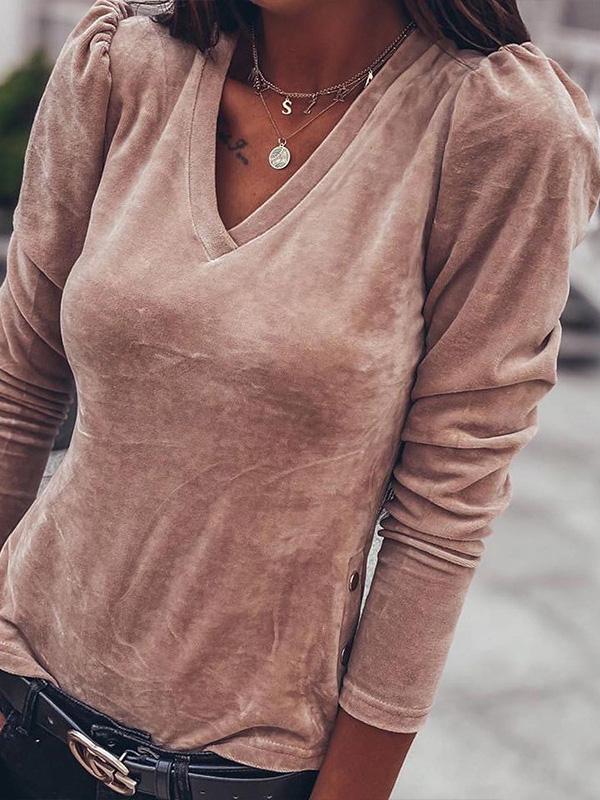 Women's T-Shirts V-Neck Button Split Long Sleeve T-Shirt - T-Shirts - INS | Online Fashion Free Shipping Clothing, Dresses, Tops, Shoes - 20-30 - 24/09/2021 - color-brown