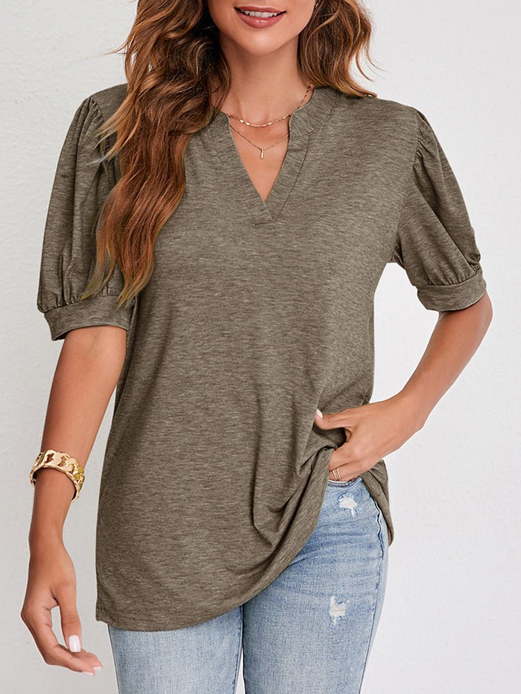 Women's T-Shirts V Neck Casual Solid Color Bubble Sleeve T-Shirt - T-Shirts - Instastyled | Online Fashion Free Shipping Clothing, Dresses, Tops, Shoes - 19/12/2022 - 20-30 - color-black