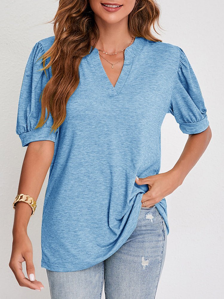 Women's T-Shirts V Neck Casual Solid Color Bubble Sleeve T-Shirt - T-Shirts - Instastyled | Online Fashion Free Shipping Clothing, Dresses, Tops, Shoes - 19/12/2022 - 20-30 - color-black