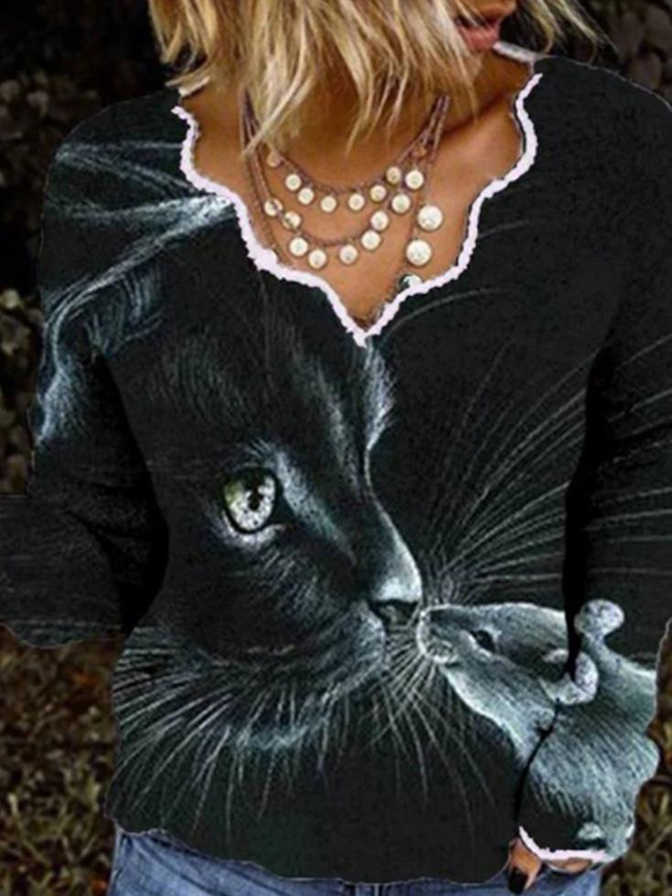 Women's T-Shirts V-Neck Cat And Mouse Print Long Sleeve T-Shirt - T-Shirts - INS | Online Fashion Free Shipping Clothing, Dresses, Tops, Shoes - 13/09/2021 - 20-30 - Category_T-Shirts