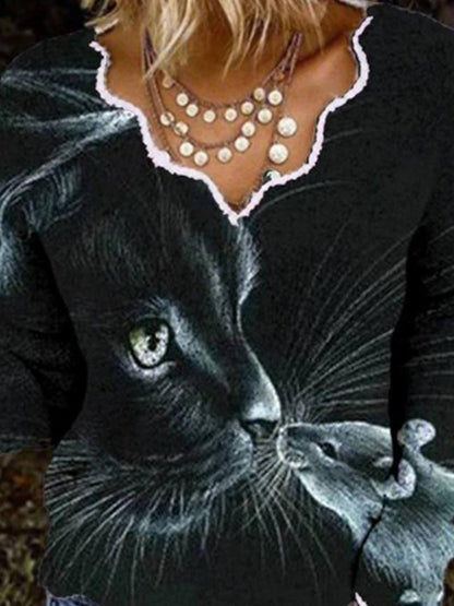 Women's T-Shirts V-Neck Cat And Mouse Print Long Sleeve T-Shirt - T-Shirts - INS | Online Fashion Free Shipping Clothing, Dresses, Tops, Shoes - 13/09/2021 - 20-30 - Category_T-Shirts