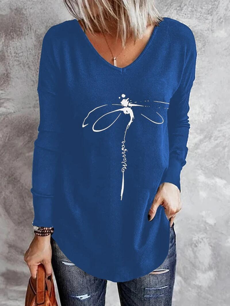 Women's T-Shirts V-Neck Dragonfly Print Long Sleeve T-Shirt - T-Shirts - INS | Online Fashion Free Shipping Clothing, Dresses, Tops, Shoes - 10-20 - 10/09/2021 - Category_T-Shirts