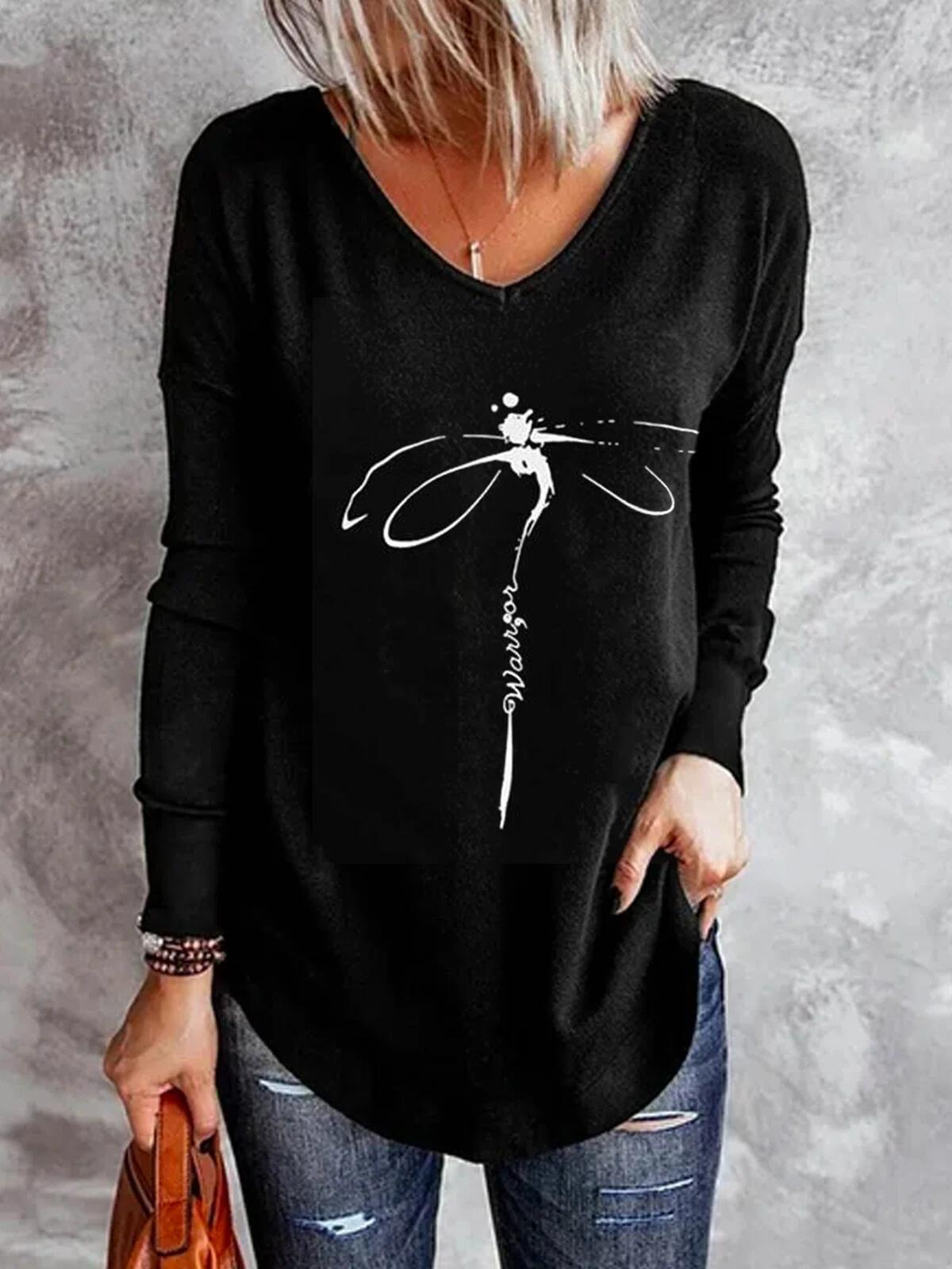 Women's T-Shirts V-Neck Dragonfly Print Long Sleeve T-Shirt - T-Shirts - INS | Online Fashion Free Shipping Clothing, Dresses, Tops, Shoes - 10-20 - 10/09/2021 - Category_T-Shirts