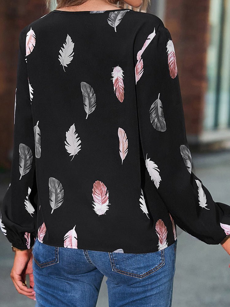 Women's T-Shirts V-Neck Feather Print Long Sleeve Loose T-Shirt - T-Shirts - Instastyled | Online Fashion Free Shipping Clothing, Dresses, Tops, Shoes - 17/12/2022 - Color_Black - Color_Burgundy