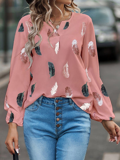 Women's T-Shirts V-Neck Feather Print Long Sleeve Loose T-Shirt - T-Shirts - Instastyled | Online Fashion Free Shipping Clothing, Dresses, Tops, Shoes - 17/12/2022 - Color_Black - Color_Burgundy